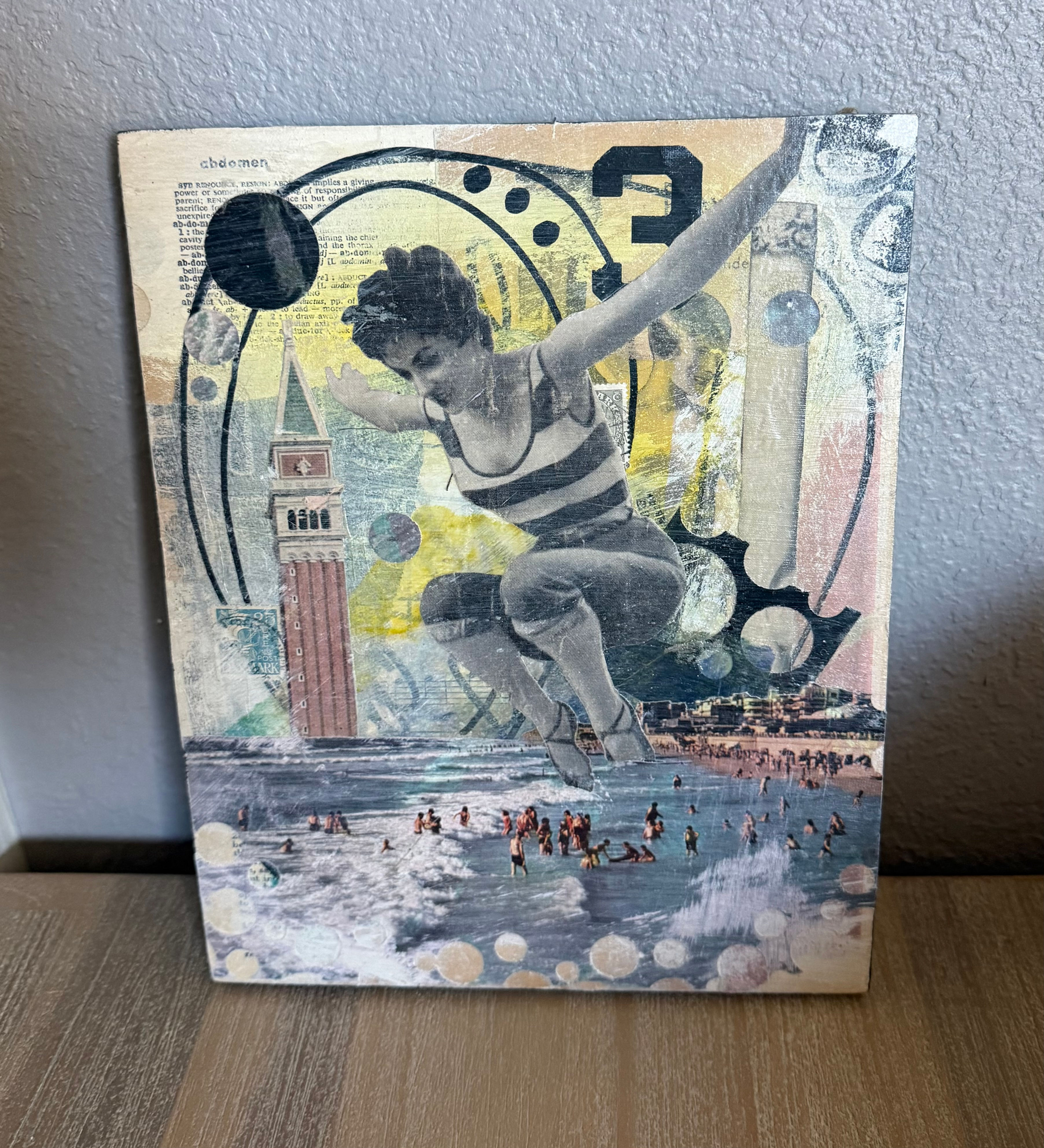 Original Collage using Vintage Paper - Image of and oversized Women plunging happily into the ocean