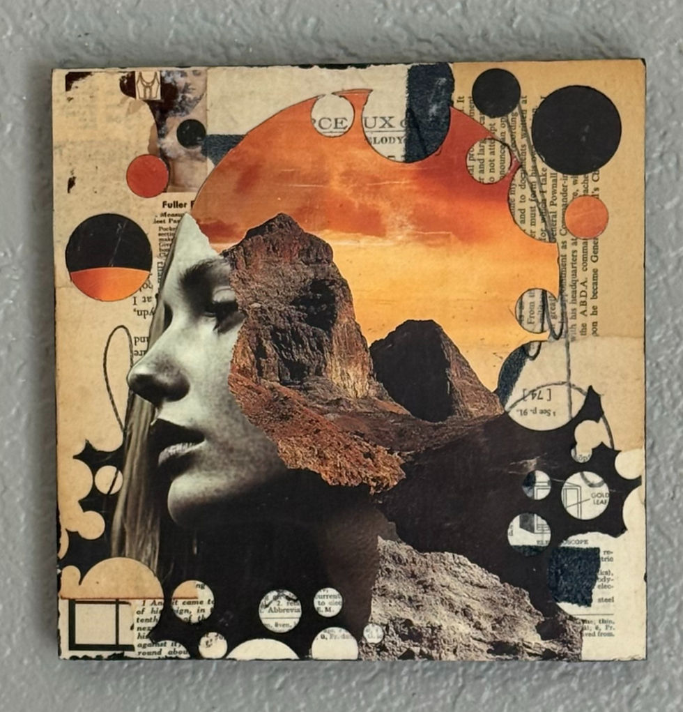 A Sad contemplative profile of a women with a sunset and mountain melting or blending into her head
