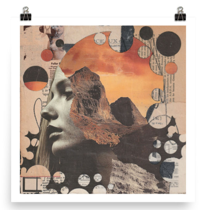 Profile of a contemplative abstract womans face with a sunset over a mountain - Orange and rust tones