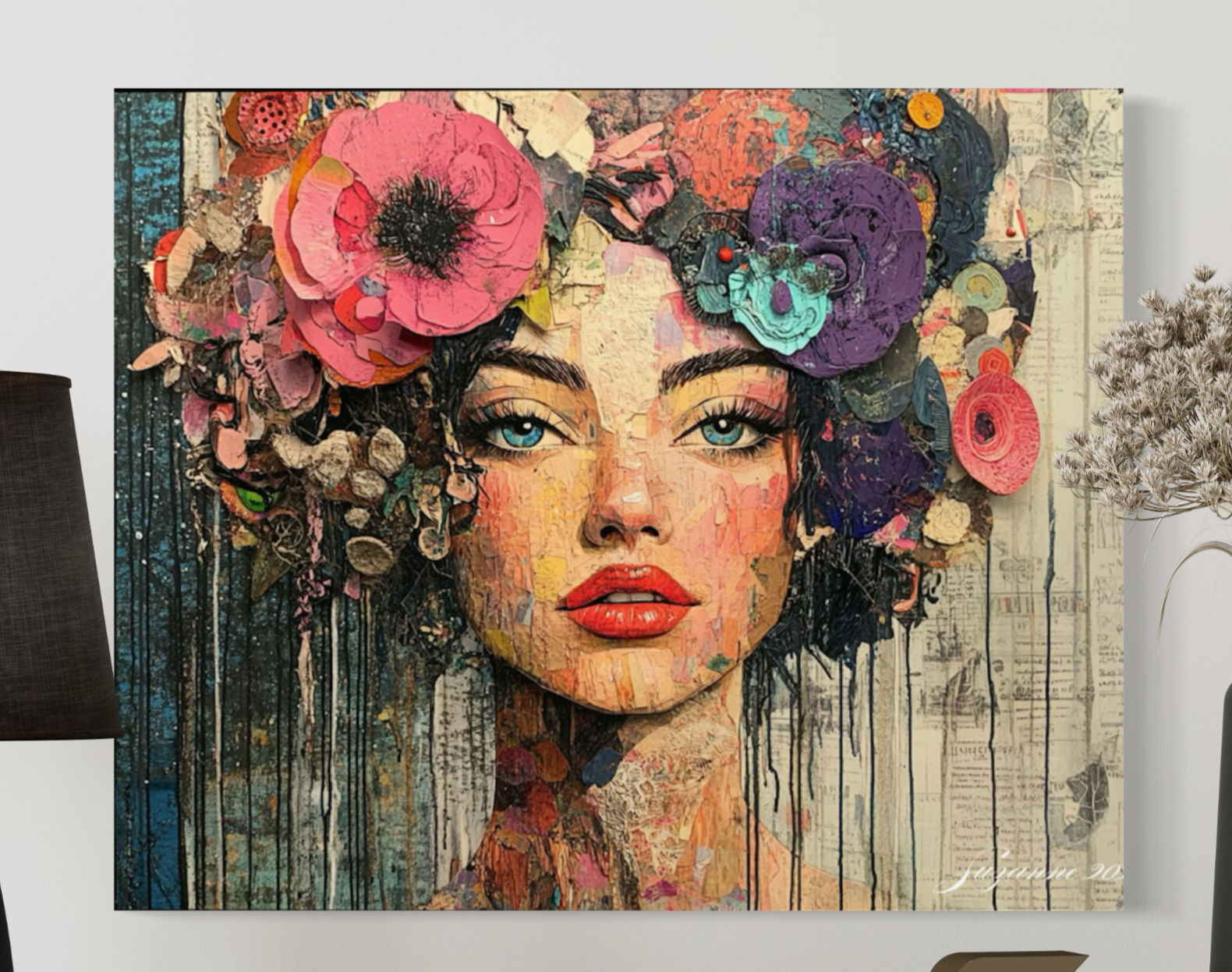 Headshot of a women with large flowers in her hair. Feminine features in a mod painterly image on canvas