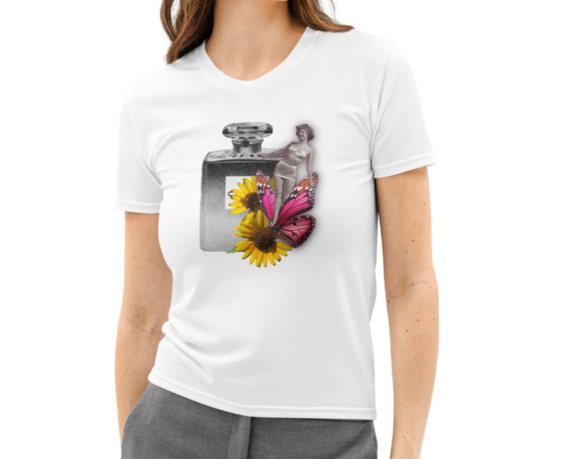 Short Sleeve crew neck t-shirt with a vintage bottle of Chanel No 5 Perfume with a black and white vintage photo of a woman