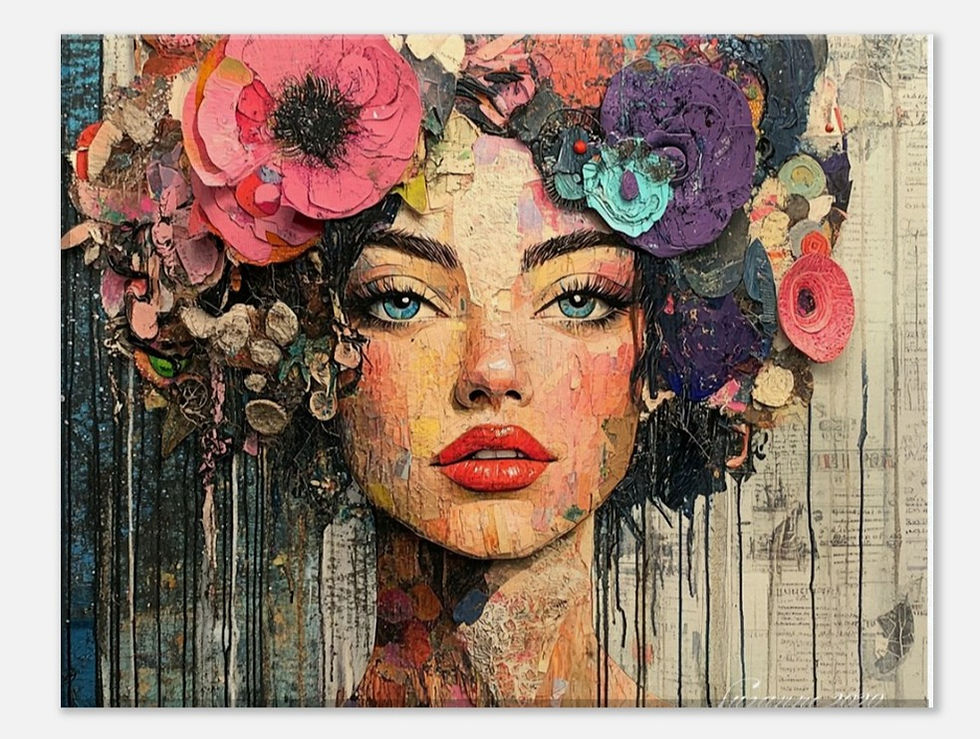 Miniatura: Headshot of a women with large flowers in her hair. Feminine features in a mod painterly image on canvas