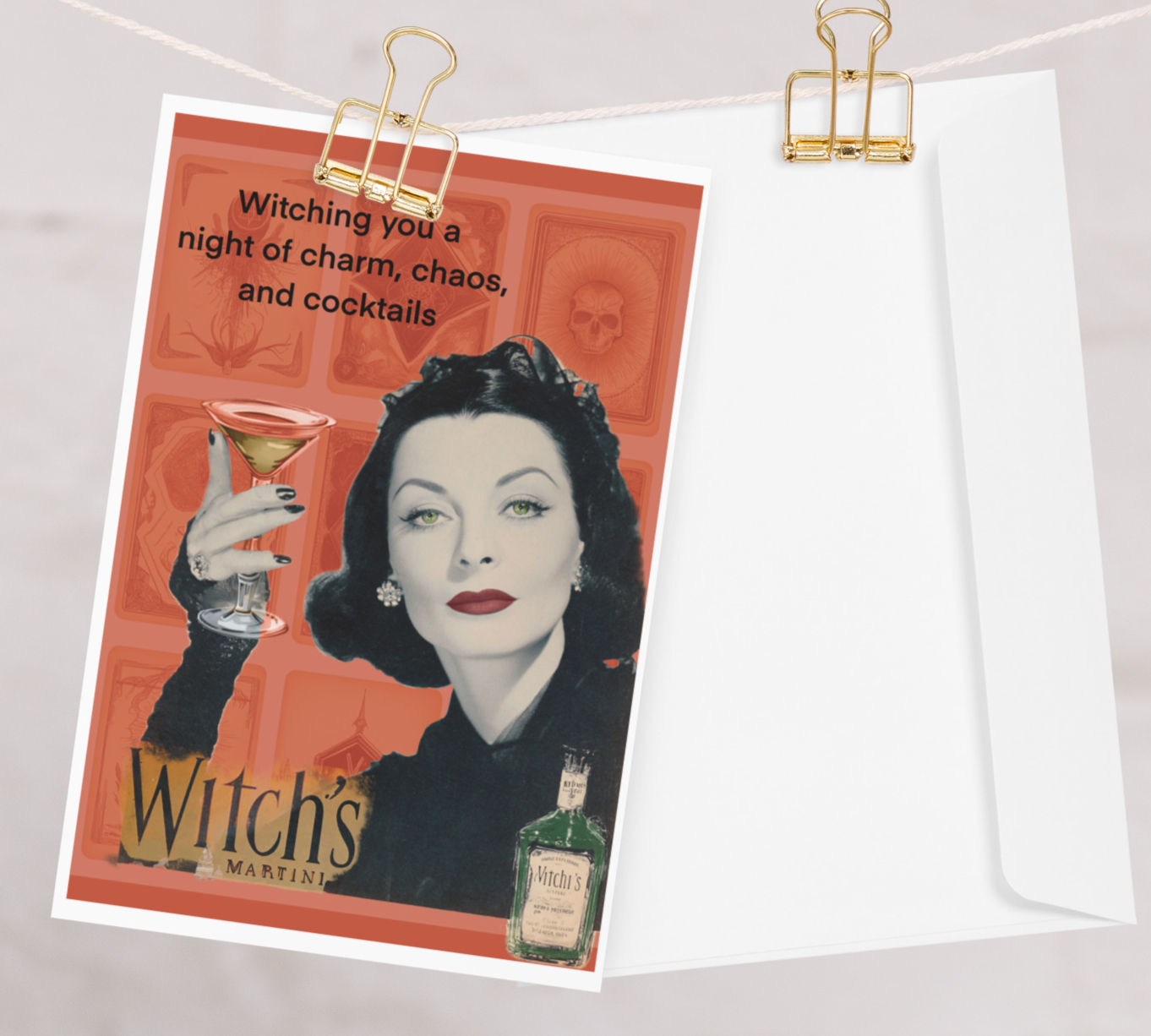 Glamorous Vintage Witch Holding up a cocktail "Witching you a night of Charm Chaos and cocktails