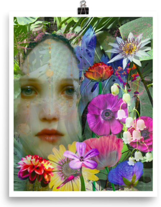 Miniatura: A vibrant, colorful floral collage featuring a variety of flowers including purple anemones, white lilies of the valley