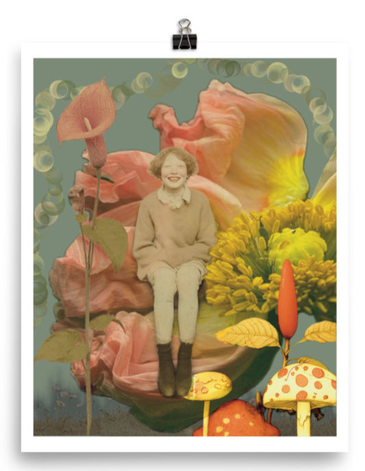 Miniatura: Fun Playful fashion imagery of a girl sitting on a flower surrounded by botanical accents, muted pastel colors