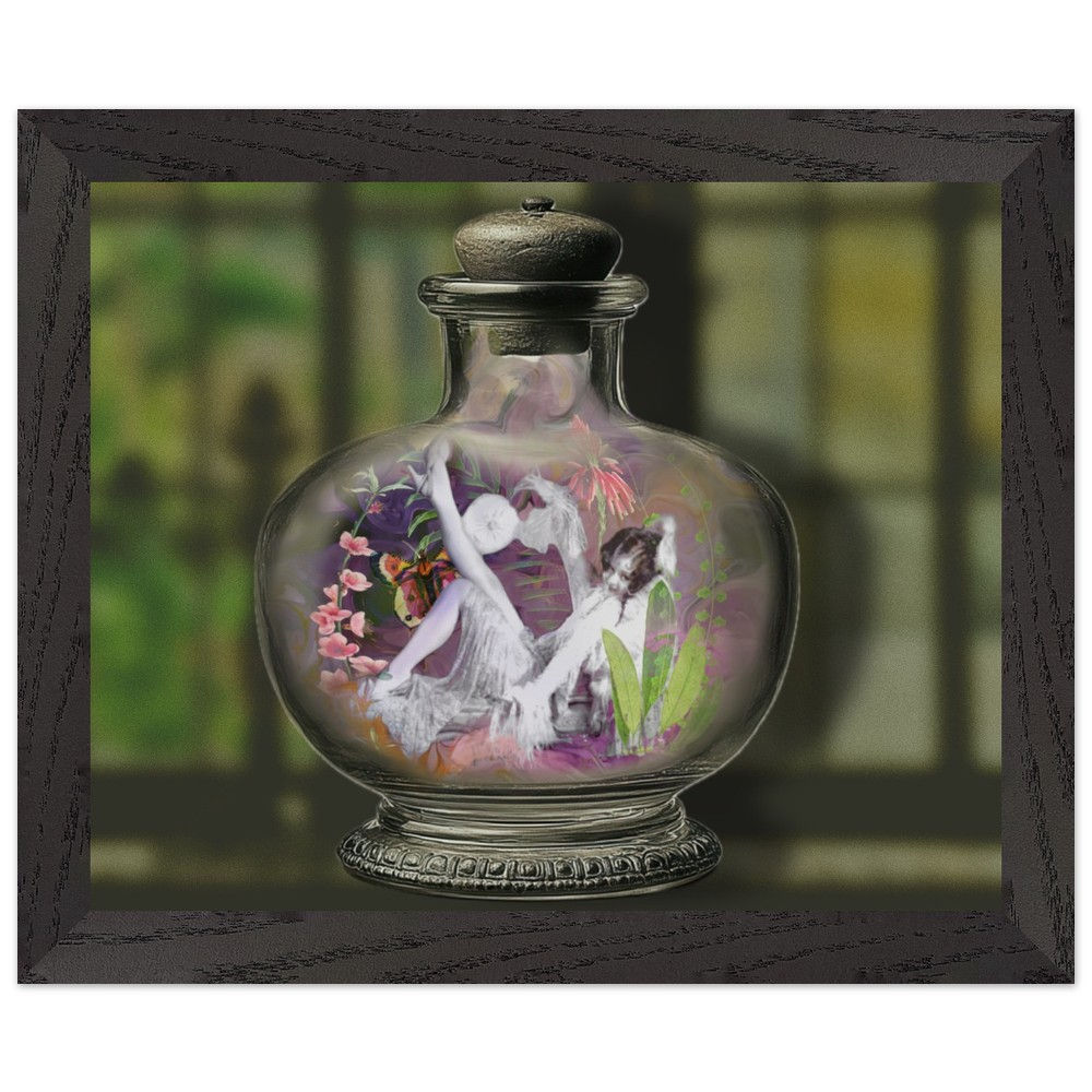 Black and white photo of a women that has been placed in a bottle surrounded by flowers
