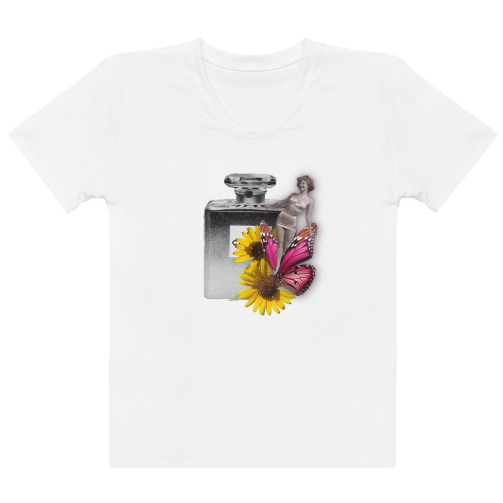 Short Sleeve crew neck t-shirt with a vintage bottle of Chanel No 5 Perfume with a black and white vintage photo of a woman