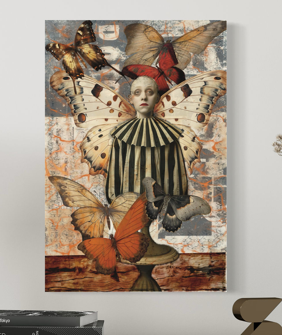 Ethereal Clown with wings surround by butterflies in distorted images in orange and neutral tones