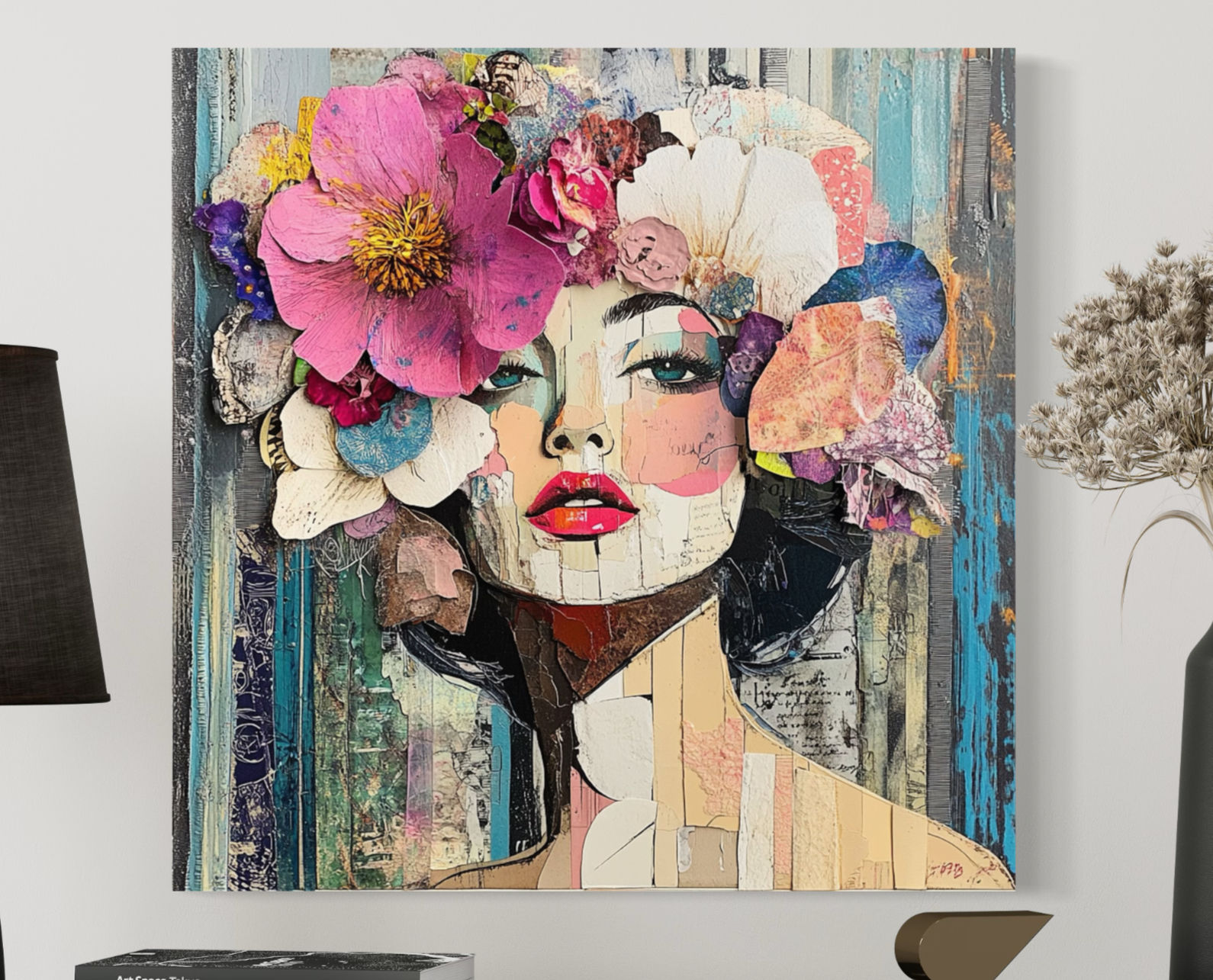 Beautiful Blonde with red lipstick with large colorful flowers in her hair looking into the distance
