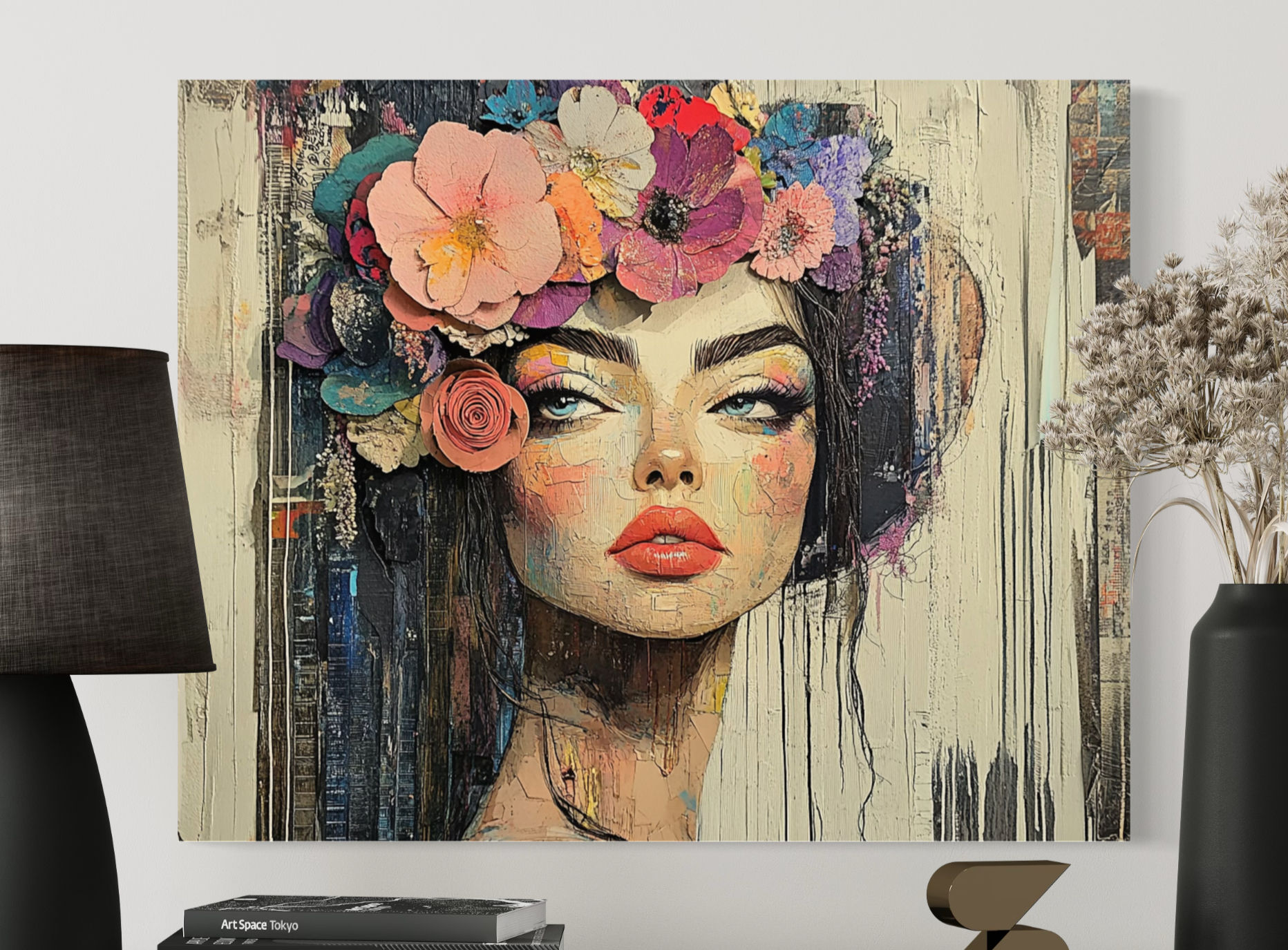 Bold beautiful Woman looking to the side with bright large flower headdress
