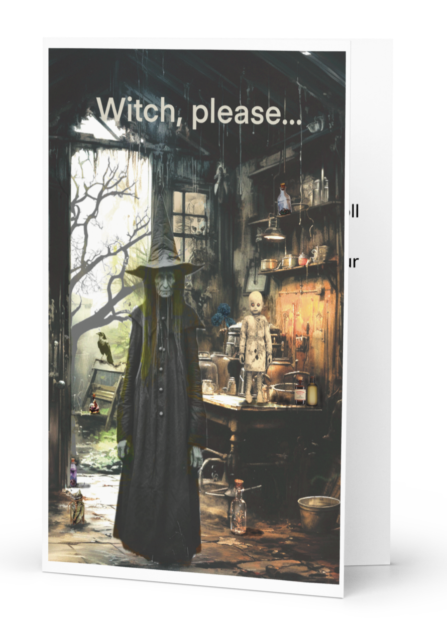 Creepy Witch standing in a haunted Kitchen with door open and a crow waiting outside