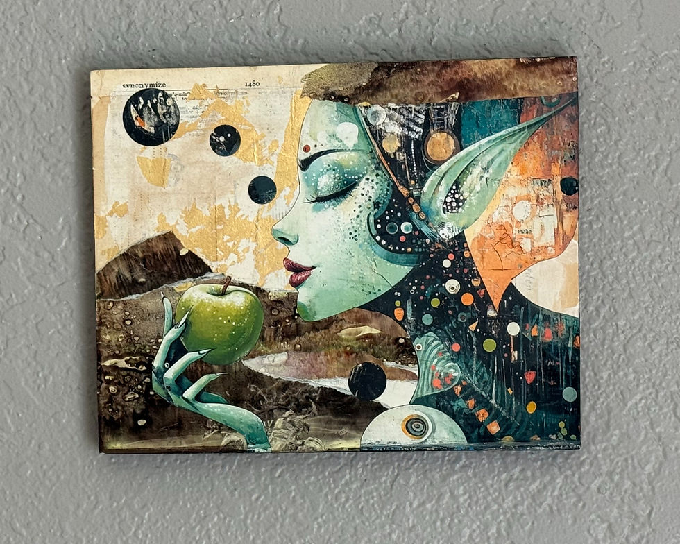 Alien like woman's profile Holding a green apple towards her face as if she is smelling it - green and brown tones, abstract