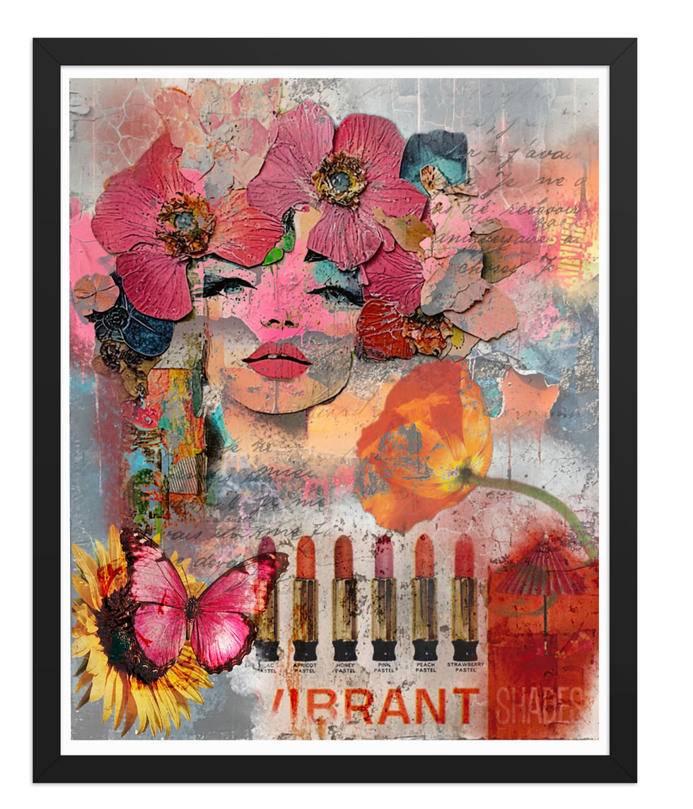 Bold and Bright Bohemian woman surrounded in bright pink flowers and a vintage lipstick advertisement.