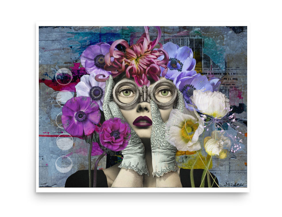 Woman with large Green eyes looking through a pair of vintage binoculars with Purple flowers tightly framing her face