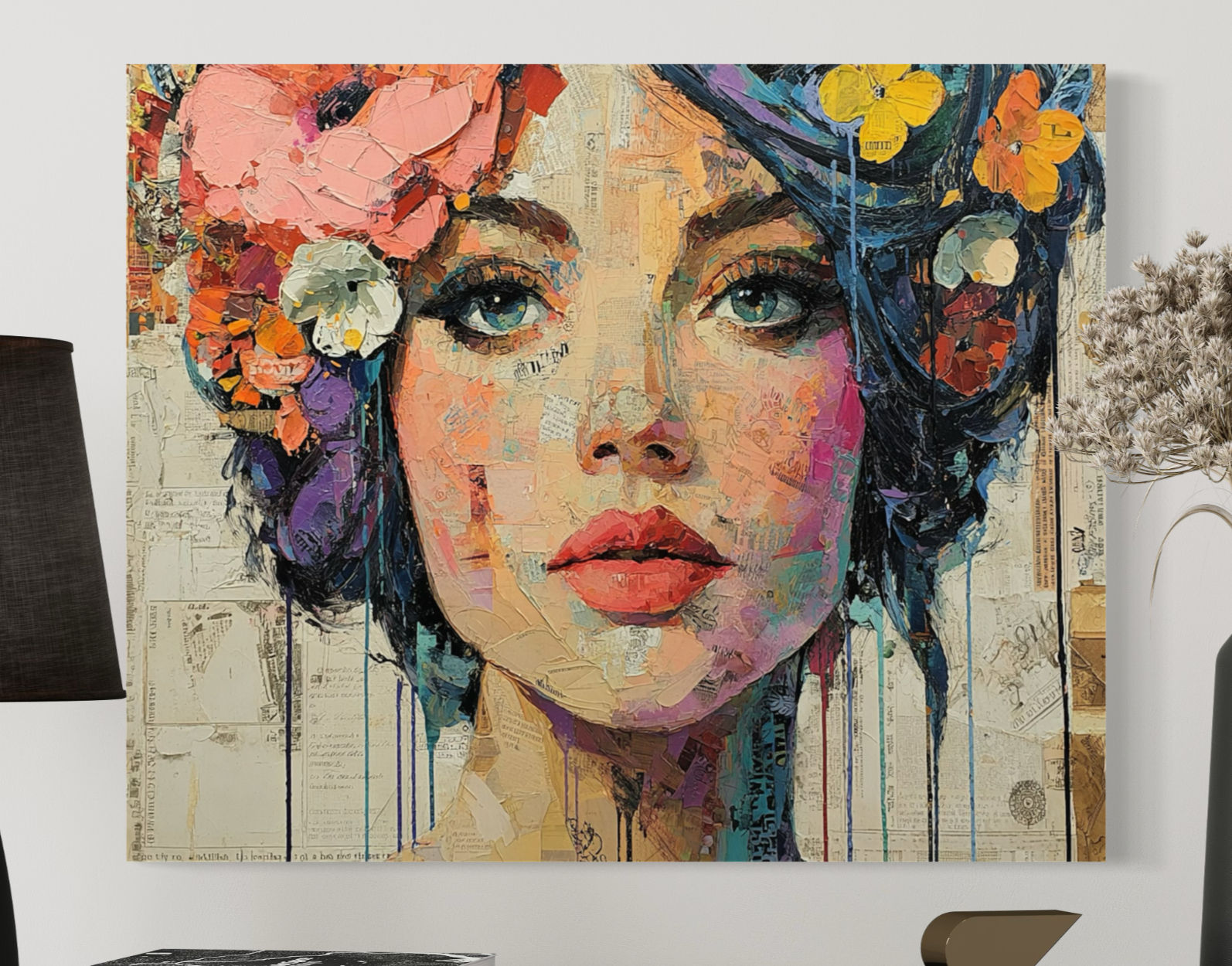 Headshot of a women with large flowers in her hair. Feminine features in a mod painterly image on canvas