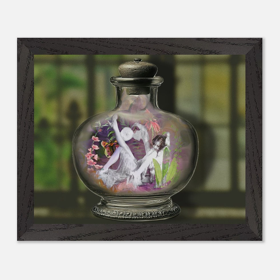 Black and white photo of a women that has been placed in a bottle surrounded by flowers