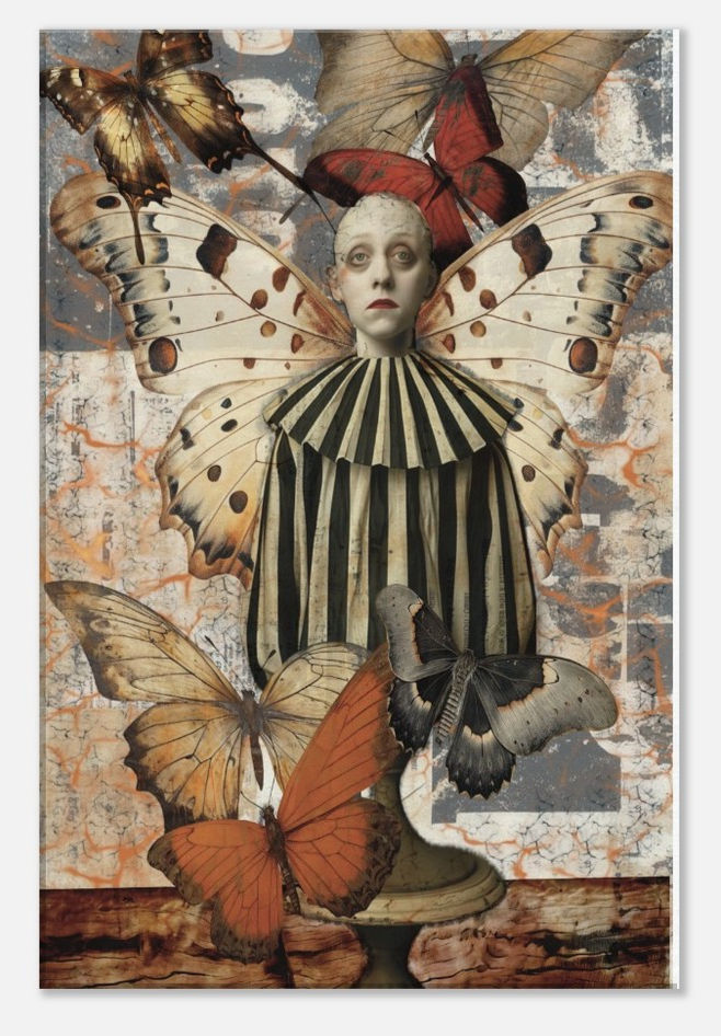 Ethereal Clown with wings surround by butterflies in distorted images in orange and neutral tones