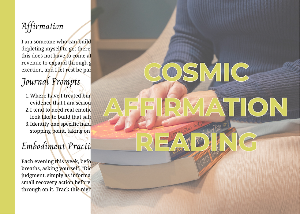 Cosmic Affirmation Reading Ad Image with Affirmation, Journal Prompts and Embodiment Practice partial example shown to the side.