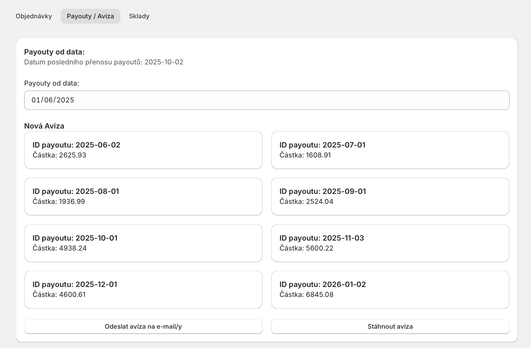 Alena: payouty a avíza