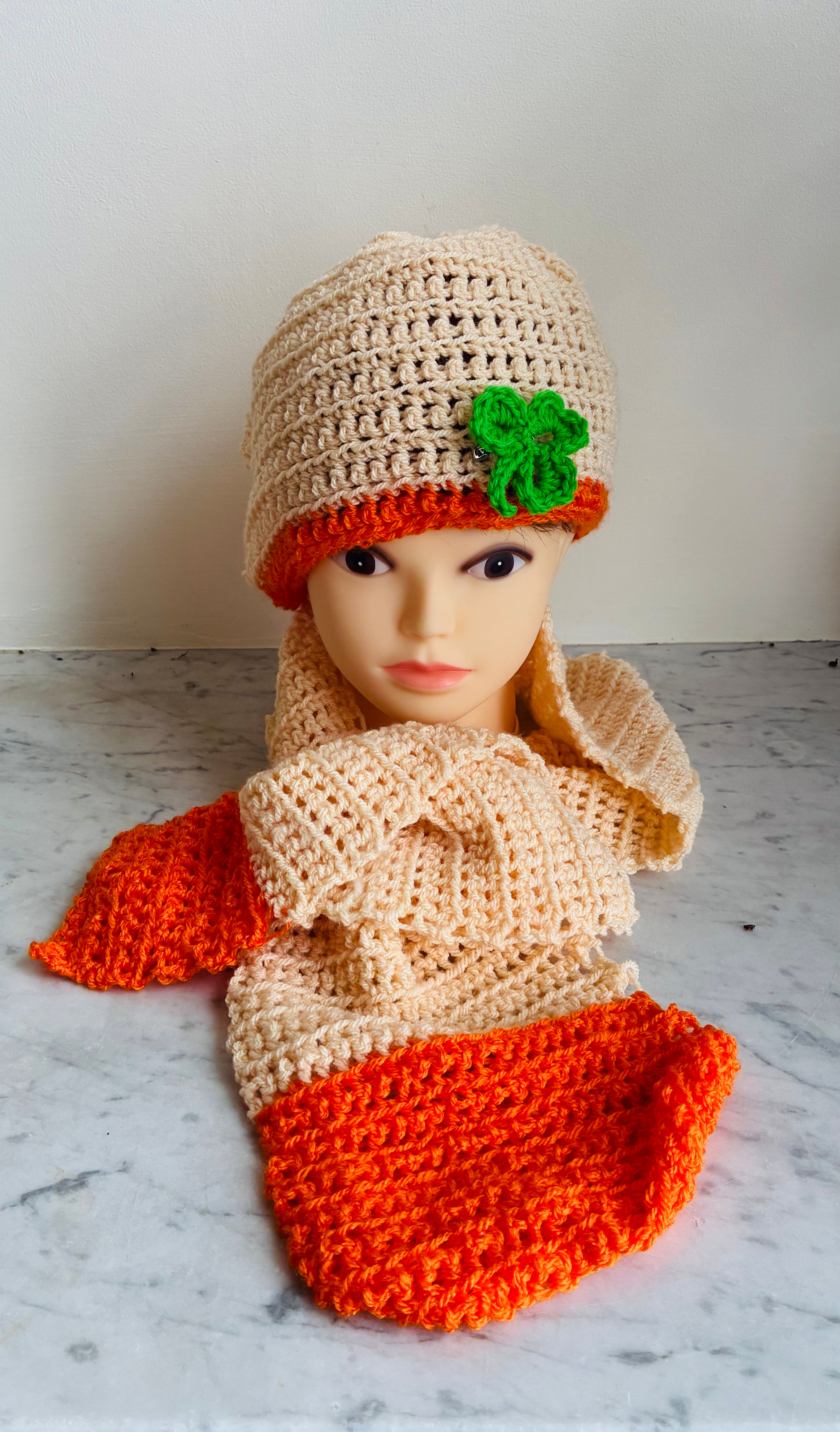 Crocheted Scarf & Beanie with shamrock 