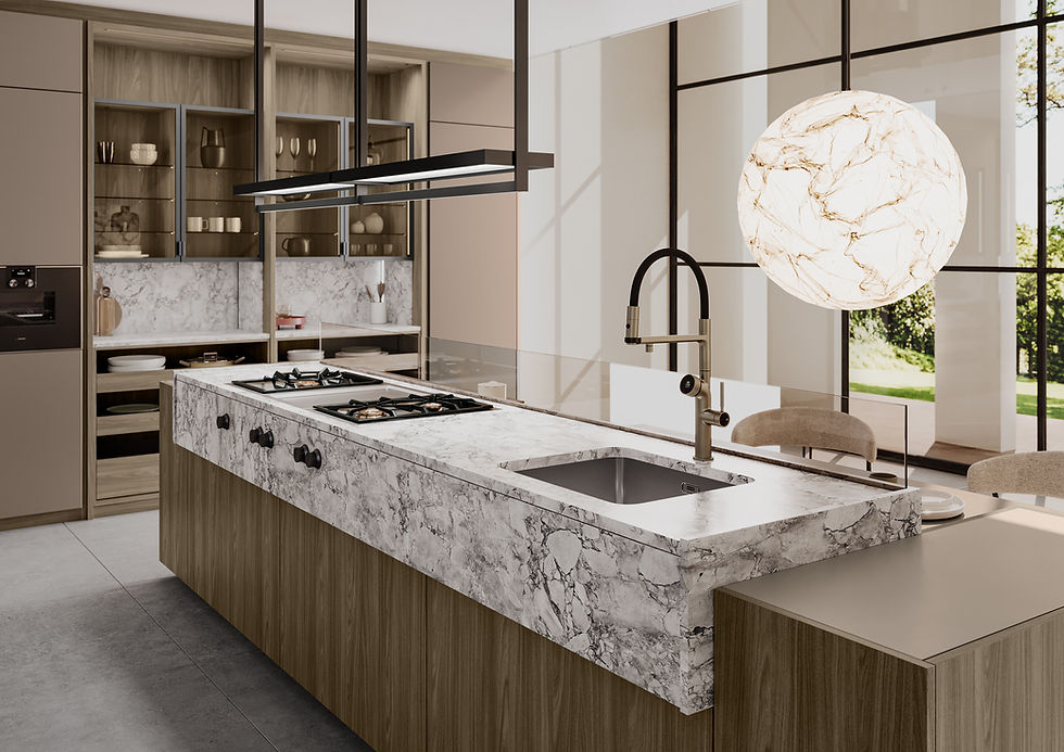 Warm brass kitchen handles on deep blue cabinets for a vintage-inspired look.