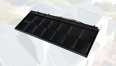 Studio image of a single, rectangular solar shingle or tile, featuring a dark, textured photovoltaic surface designed for integrated roofing systems.