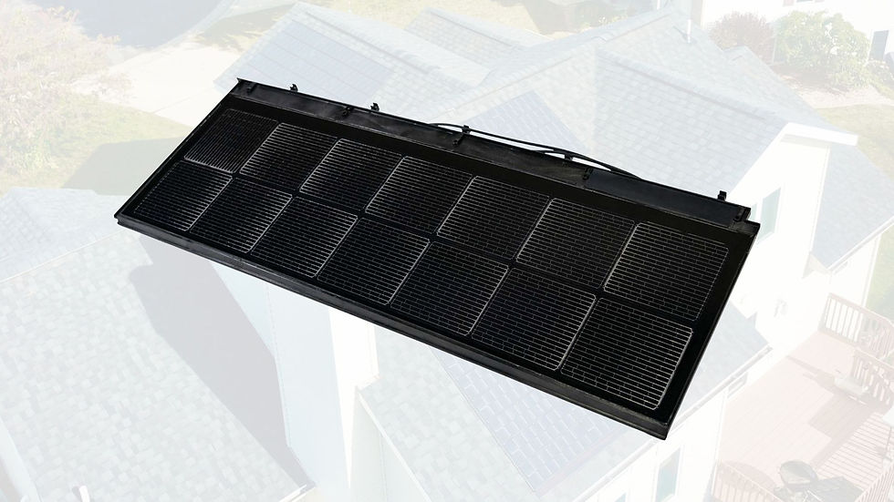 A close-up view of a CertainTeed Solstice solar shingle module, showing its black monocrystalline photovoltaic design with 14 visible solar cells arranged in a grid. The module has a low-profile asphalt-shingle form factor with wiring at the top for electrical connection, demonstrating how solar integrates seamlessly into a roof.