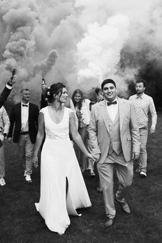 Wedding couple walking with guests and smoke bombs