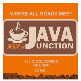 "Arkay Coffee" label shown with Java Junction brown and orange logo.