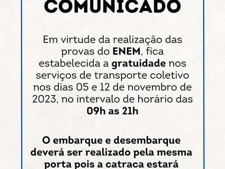 Gratuidade No transporte público dia 05/11 e 12/11 das 09h as 21h