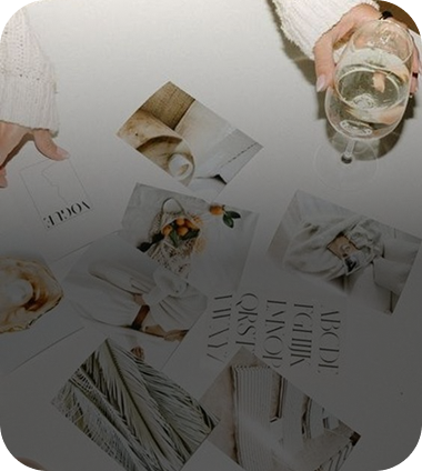 Hands holding glass, scattered lifestyle photos