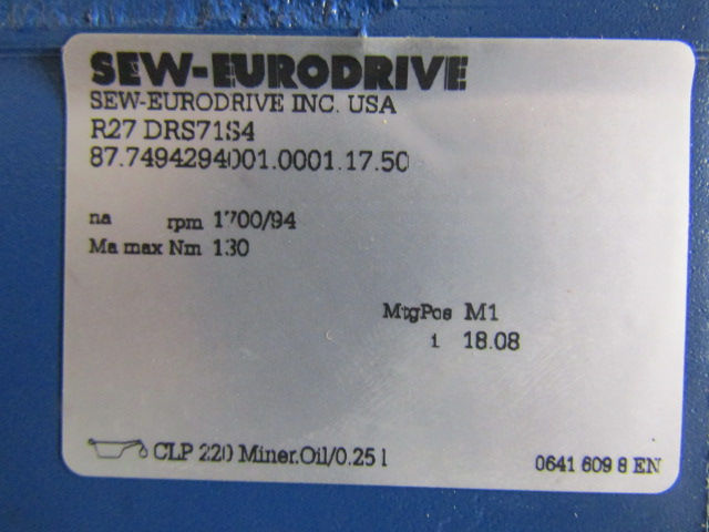 Thumbnail: Sew-Eurodrive R27-DRS71S4 Electric Gearmotor 1/2 HP 94 RPM 208/360v