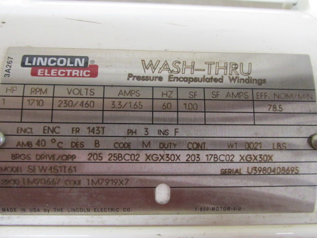 Thumbnail: Lincoln SEW4S1T61 Wash-Thru Electric Motor 1 HP 1710 RPM 230/460v 3 PH