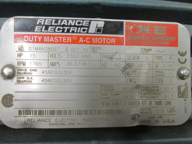 Thumbnail: Reliance 01MAN38667 Electric Motor 15 HP 1765 RPM 230/460v Frame 254T Dual Shaft