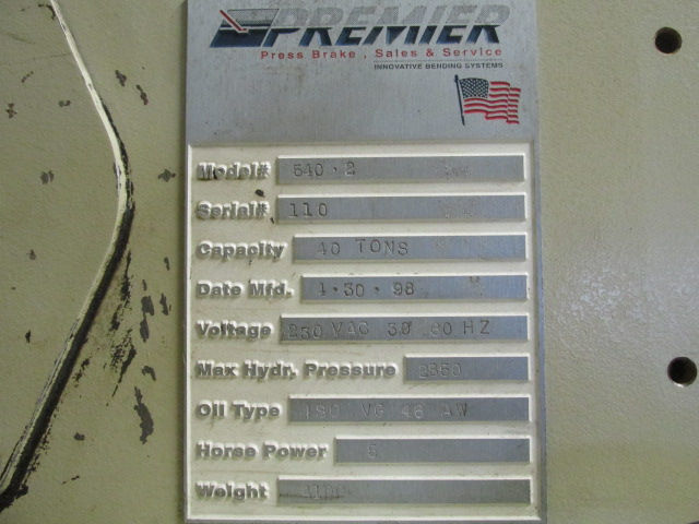 Thumbnail: Premier Model 540-2 Hydraulic 40 Ton Press Brake 60" with Back Gauge