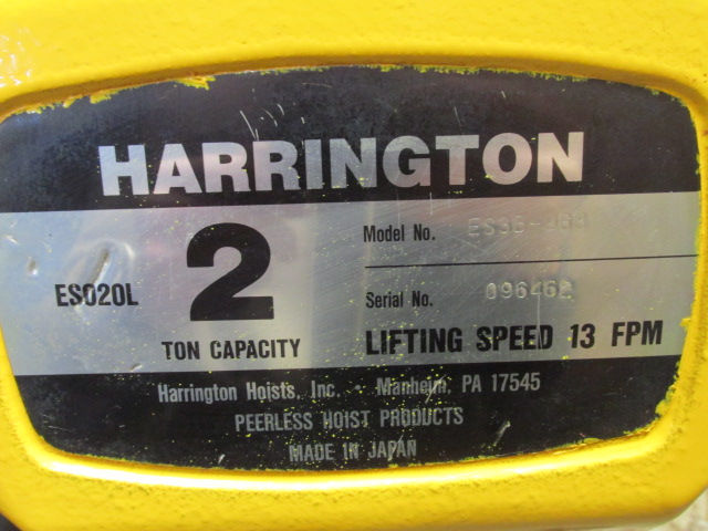 Thumbnail: Harrington ES020L ES3B-988 Electric Chain Hoist w/Power Trolley 2 Ton 15' Lift