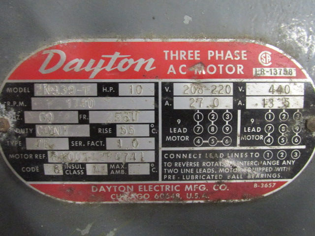 Thumbnail: Dayton 2N939-F Electric Motor 10 HP 1740 RPM 208-220/440v 3 PH