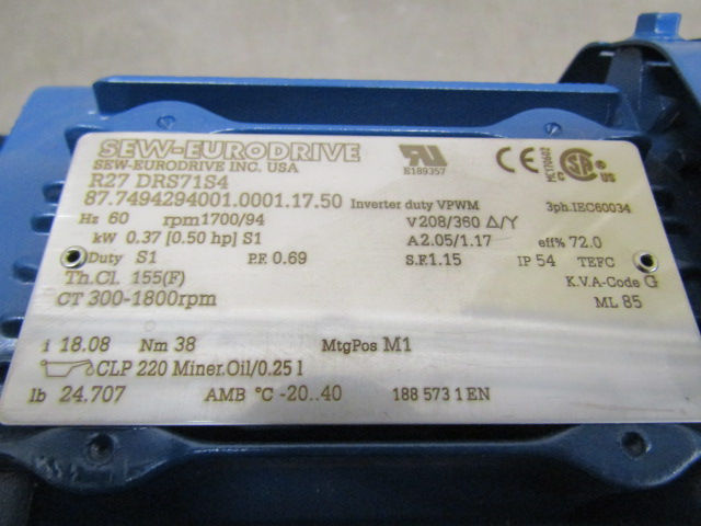 Thumbnail: Sew-Eurodrive R27-DRS71S4 Electric Gearmotor 1/2 HP 94 RPM 208/360v