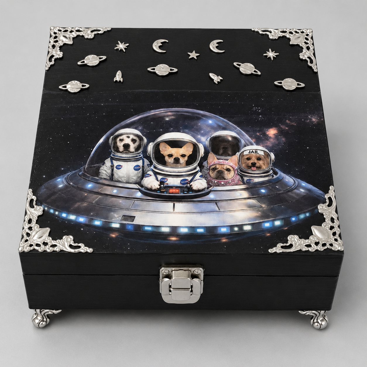 Black box with space-traveling Bboy and Crew dogs.