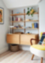 Wooden storage, open shelving with a wooden base unit, vintage chair upholstery