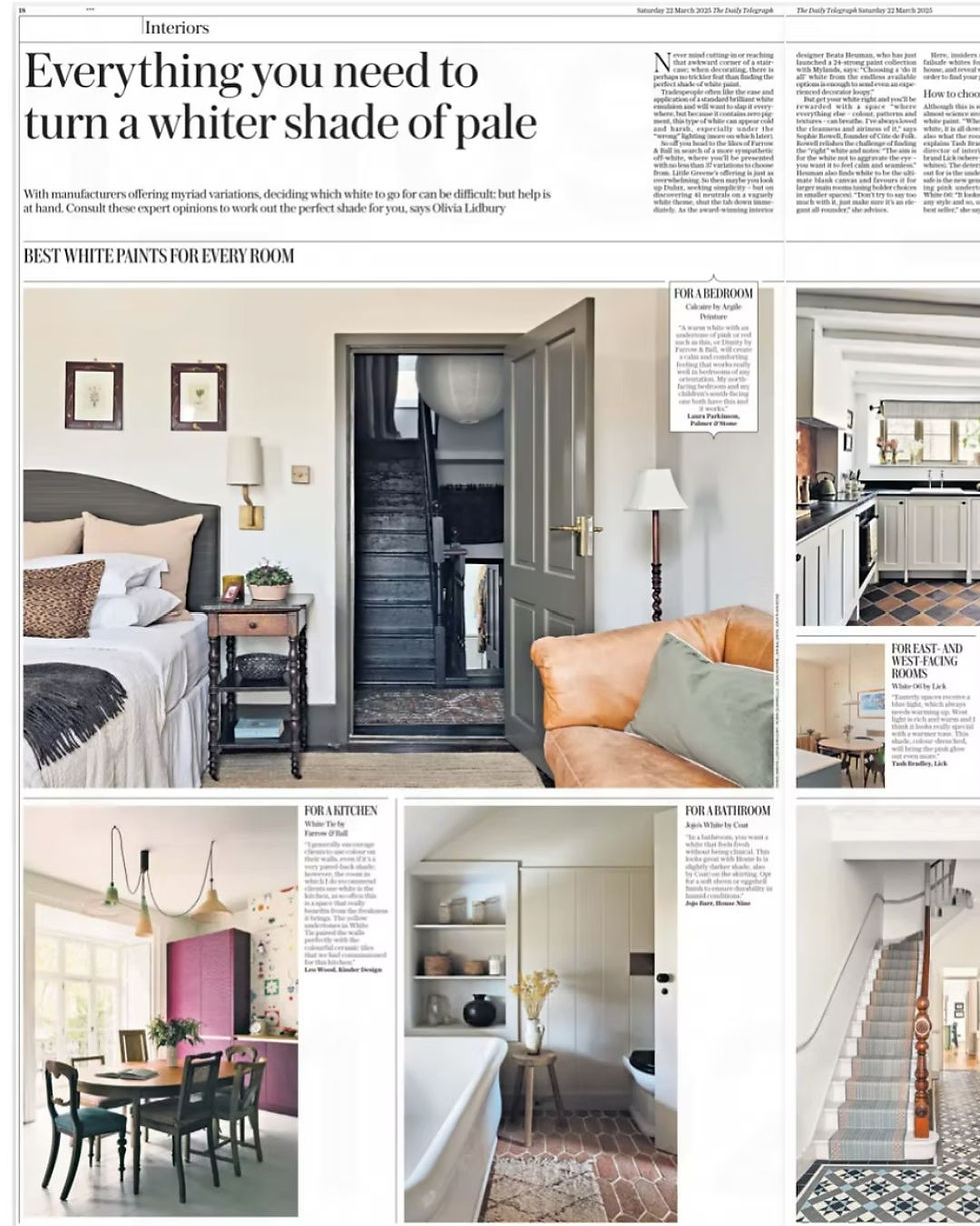 The Telegraph interiors feature on choosing white paint colours, including Kinder Design’s Victorian Terrace Waterloo kitchen project and expert interior design commentary.