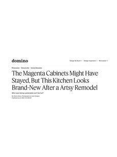 Domino article feature highlighting Kinder Design’s Victorian Terrace Waterloo kitchen renovation with the headline about magenta cabinetry and a sustainable contemporary remodel.