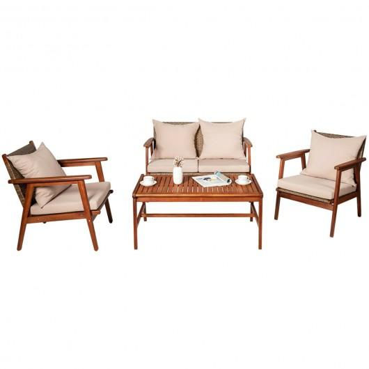 4PCS Acacia Wood Patio Rattan Furniture Set