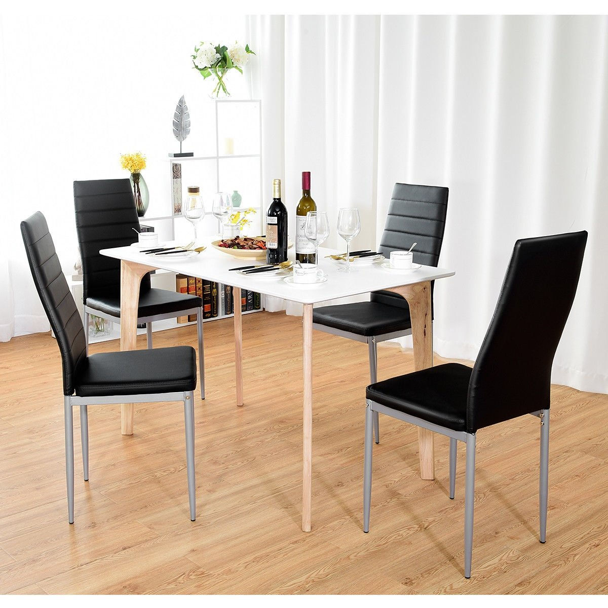 4 pcs PVC Leather Dining Side Chairs Elegant Design -Black