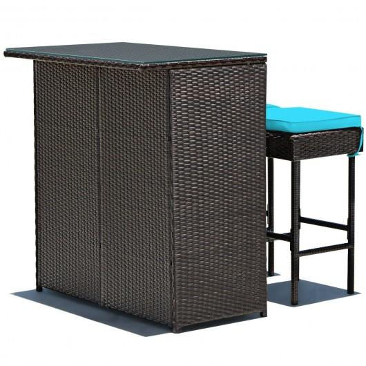 Thumbnail: 3PCS Patio Rattan Wicker Bar Table Stools Dining Set-Turquoise