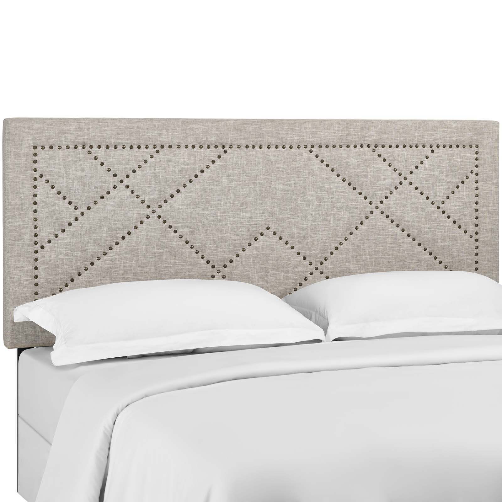 Reese Nailhead Full Queen Upholstered Linen Fabric Headboard MOD 5844 BEI