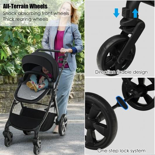 Thumbnail: Foldable High Landscape Baby Stroller with Reversible Reclining Seat-Black
