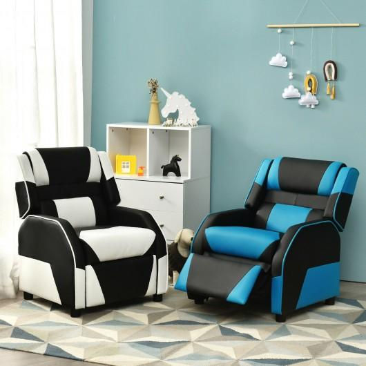 Thumbnail: Kids Youth PU Leather Gaming Sofa Recliner with Headrest and Footrest-Blue