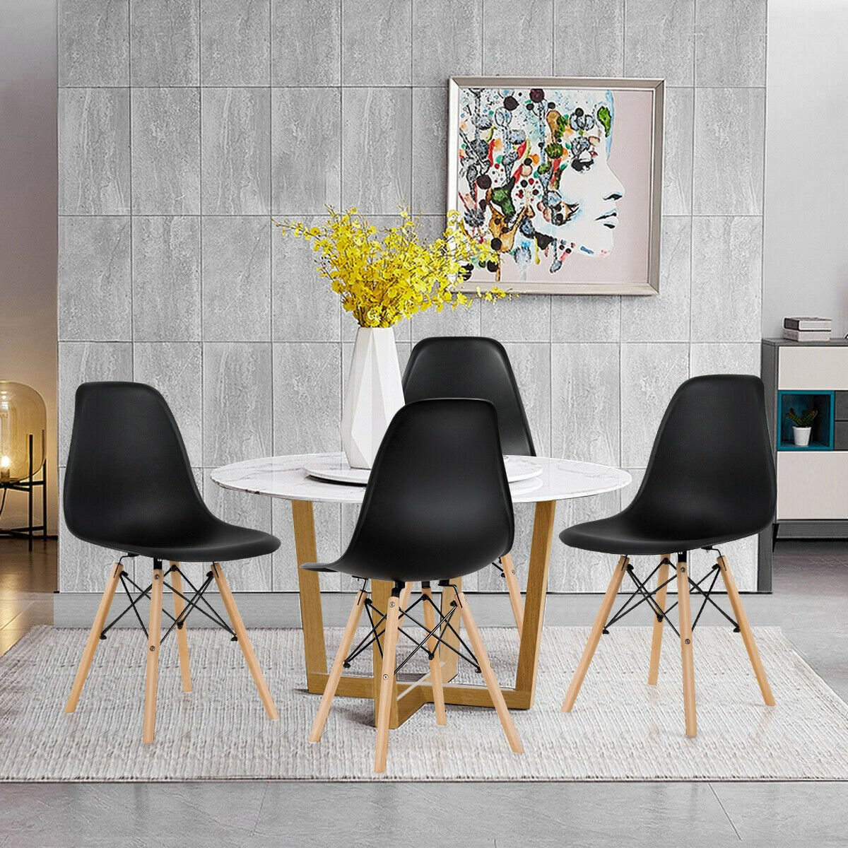 Set of 4 Modern DSW Dining Side Chair Wood Legs-Black