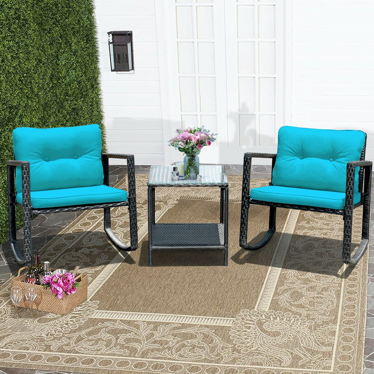 3 Pcs Patio Rattan Set Rocking Chair Cushioned Sofa Garden Furniture-Blue